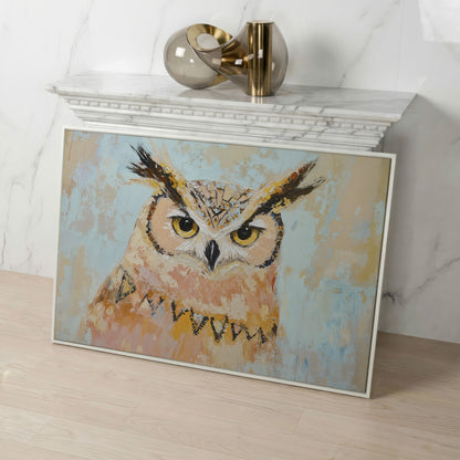 Owl Portrait Canvas Wall Art in white floating frame