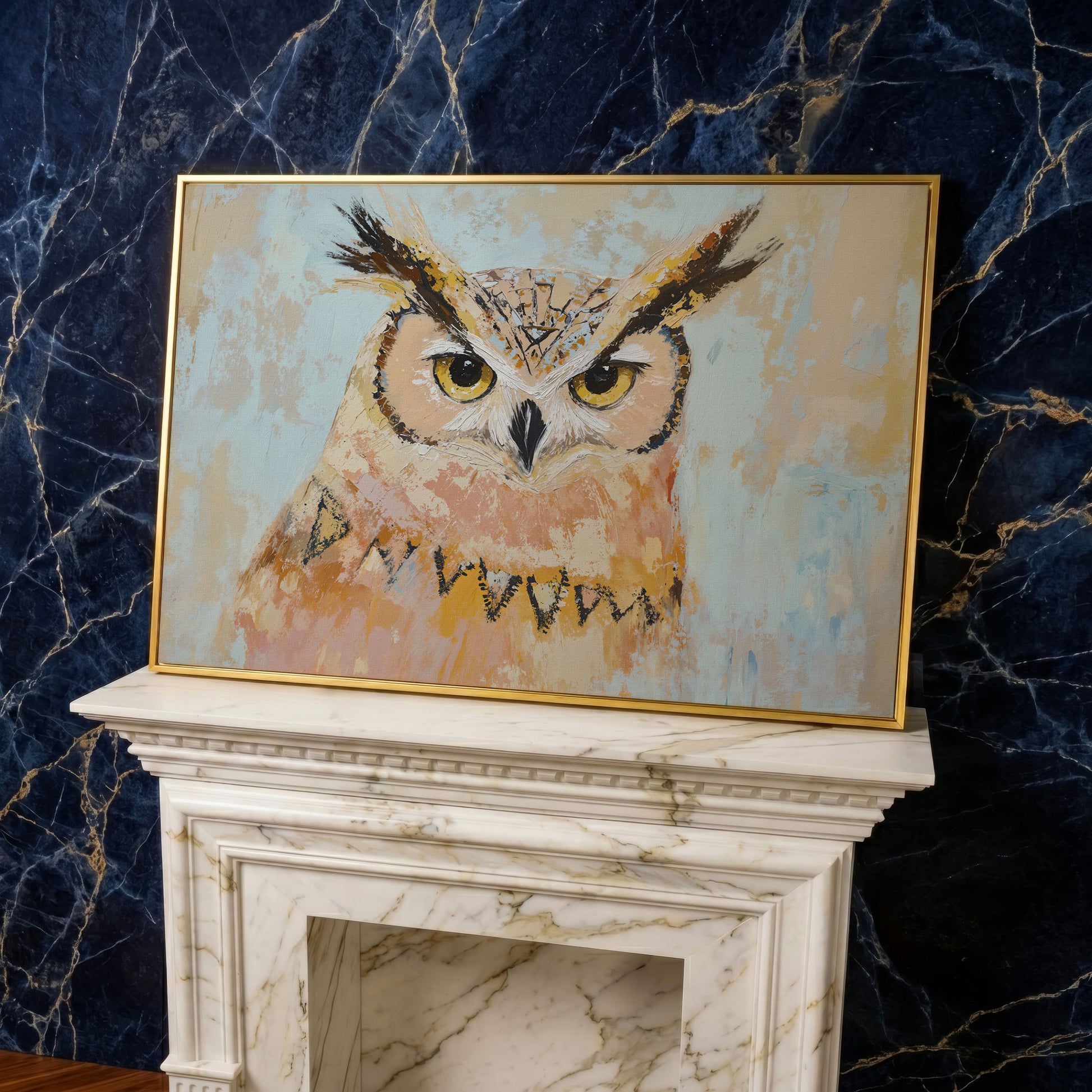 Owl Portrait Canvas Wall Art in yellow gold floating frame