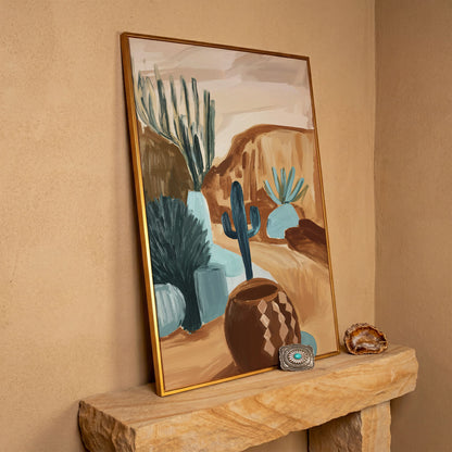 Desert Cacti and Pottery Canvas Art, Abstract Modern Style in antique gold floating frame