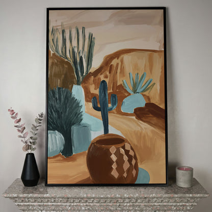 Desert Cacti and Pottery Canvas Art, Abstract Modern Style in black floating frame