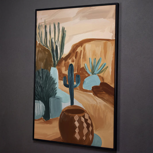 Desert Cacti and Pottery Canvas Art, Abstract Modern Style shown in black floating frame