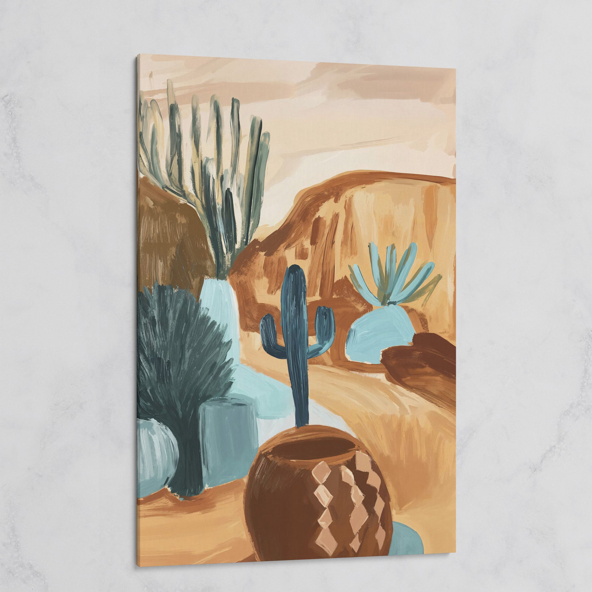 Desert Cacti and Pottery Canvas Art, Abstract Modern Style on gallery wrap