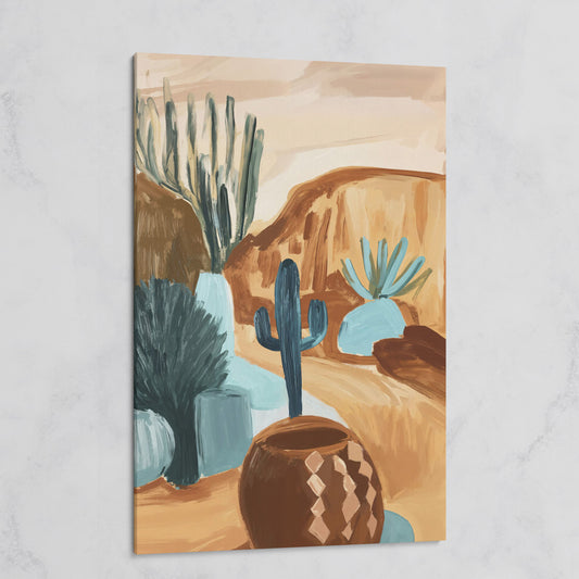 Desert Cacti and Pottery Canvas Art, Abstract Modern Style on gallery wrap