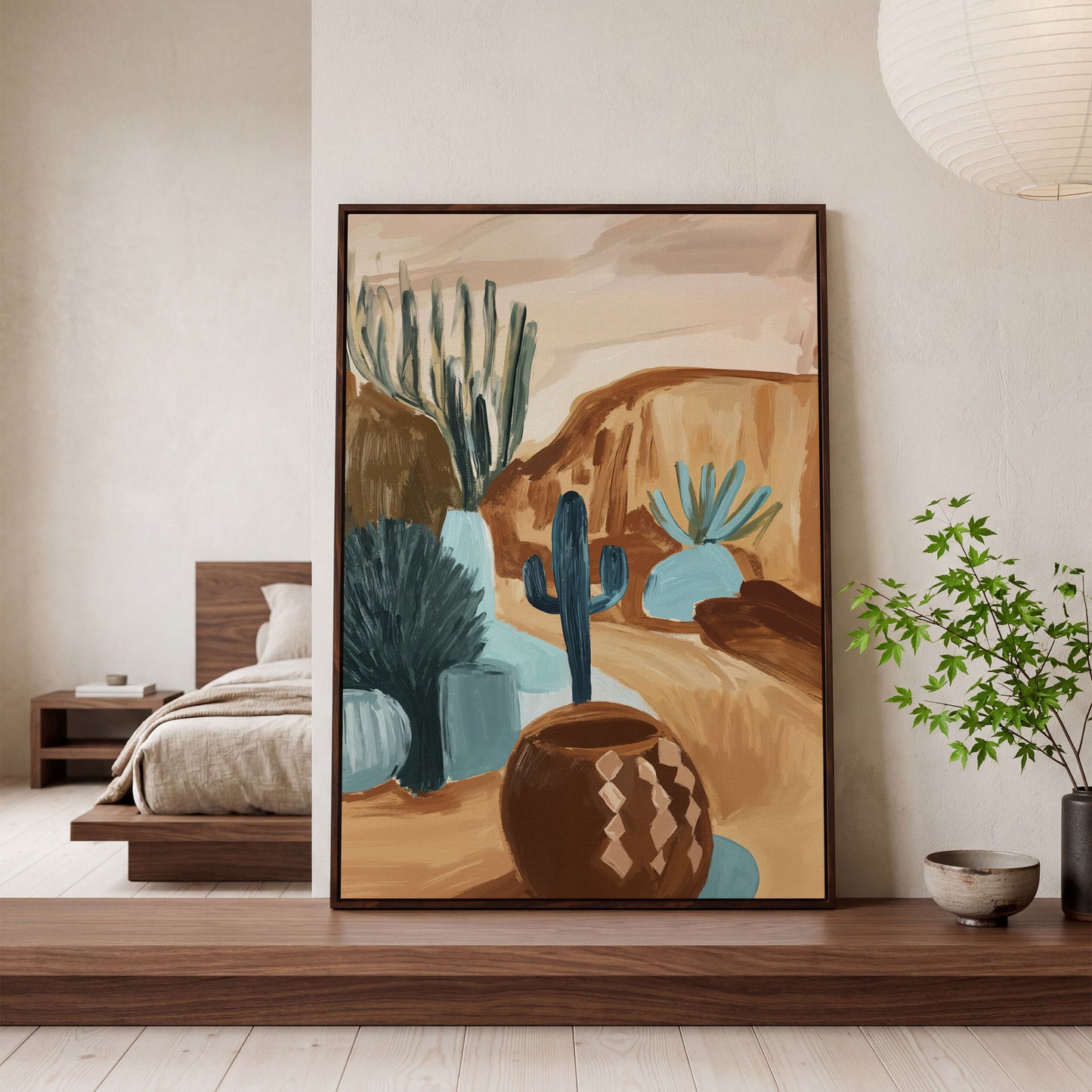 Desert Cacti and Pottery Canvas Art, Abstract Modern Style in dark walnut floating frame