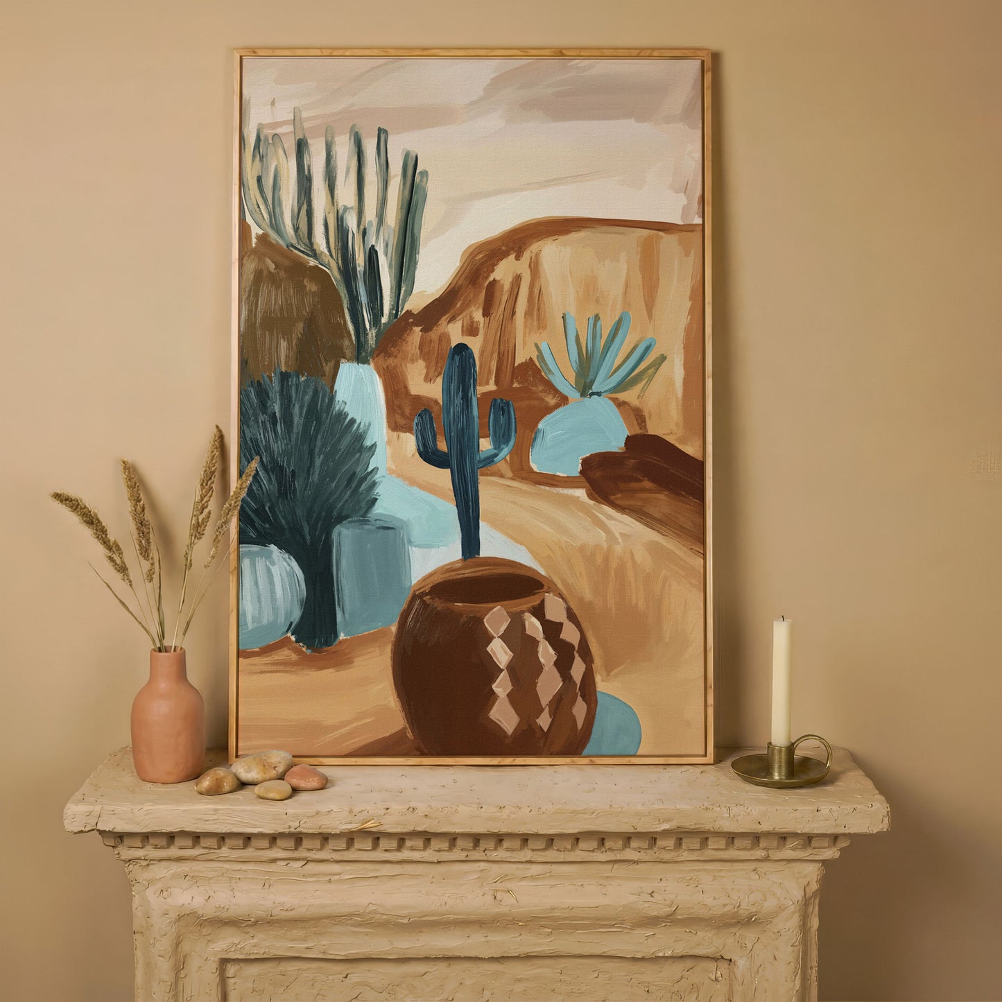 Desert Cacti and Pottery Canvas Art, Abstract Modern Style in white oak floating frame