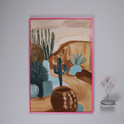 Desert Cacti and Pottery Canvas Art, Abstract Modern Style in pink floating frame