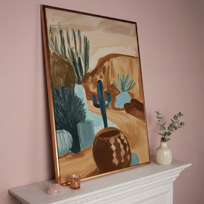 Desert Cacti and Pottery Canvas Art, Abstract Modern Style in rose gold floating frame