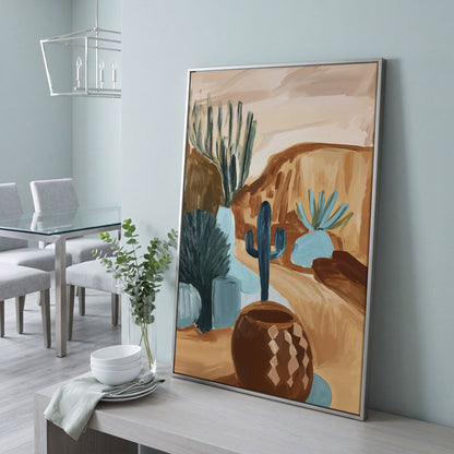 Desert Cacti and Pottery Canvas Art, Abstract Modern Style in silver floating frame