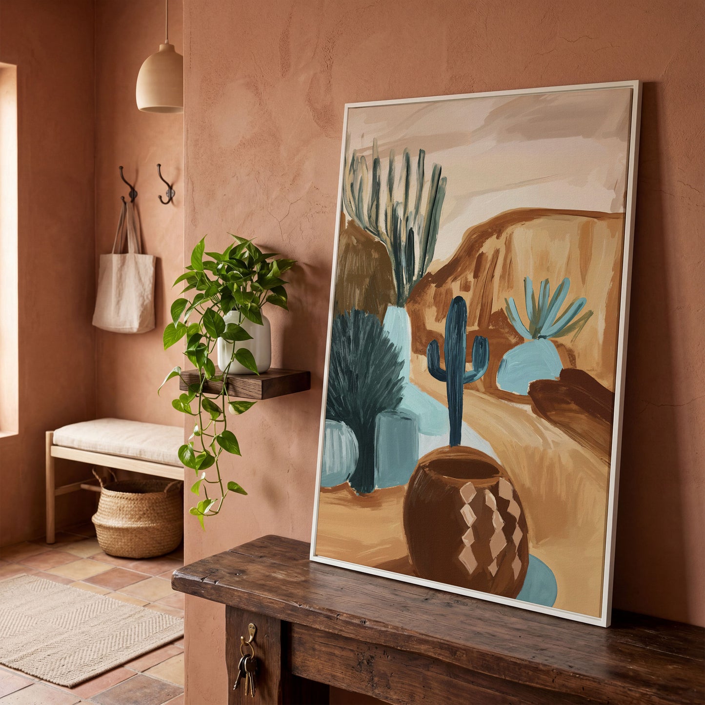 Desert Cacti and Pottery Canvas Art, Abstract Modern Style in white floating frame
