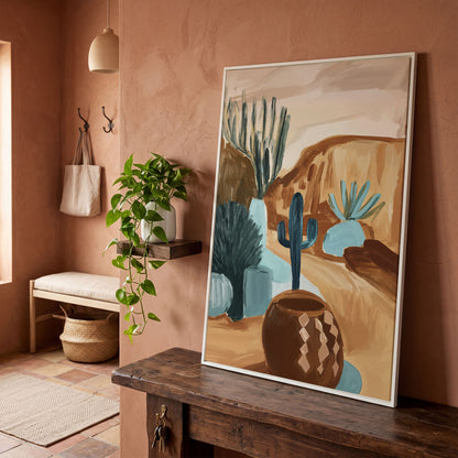 Desert Cacti and Pottery Canvas Art, Abstract Modern Style in white floating frame