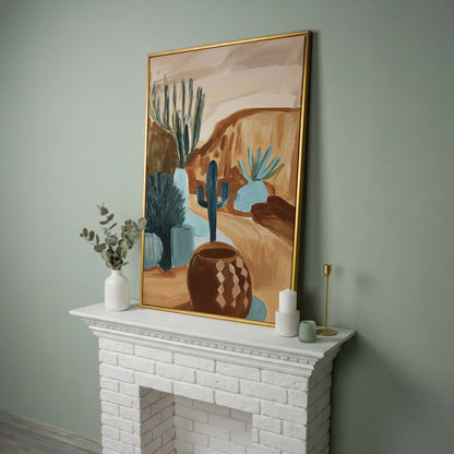 Desert Cacti and Pottery Canvas Art, Abstract Modern Style in yellow gold floating frame