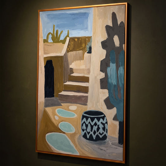 Adobe at Dusk: Southwest Desert Architecture Canvas Print shown in antique gold floating frame