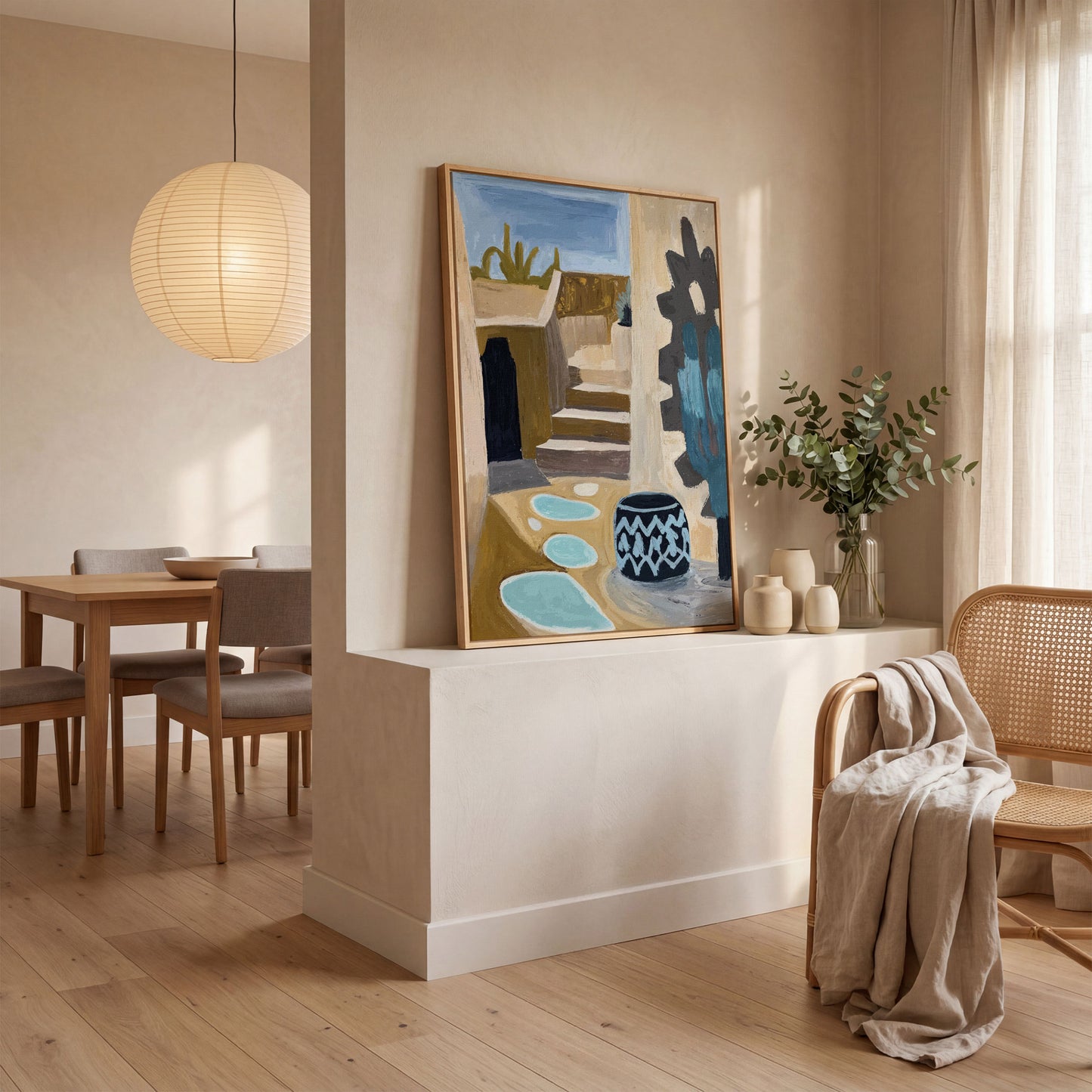 Adobe at Dusk: Southwest Desert Architecture Canvas Print in white oak floating frame