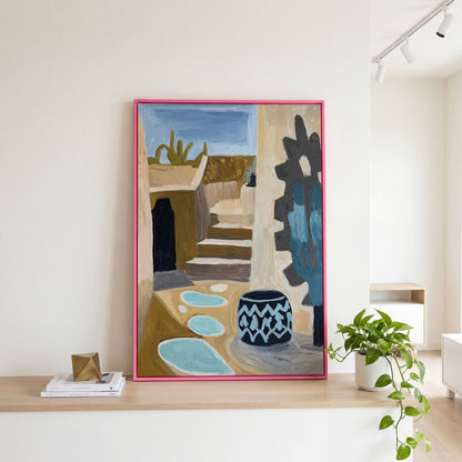Adobe at Dusk: Southwest Desert Architecture Canvas Print in pink floating frame