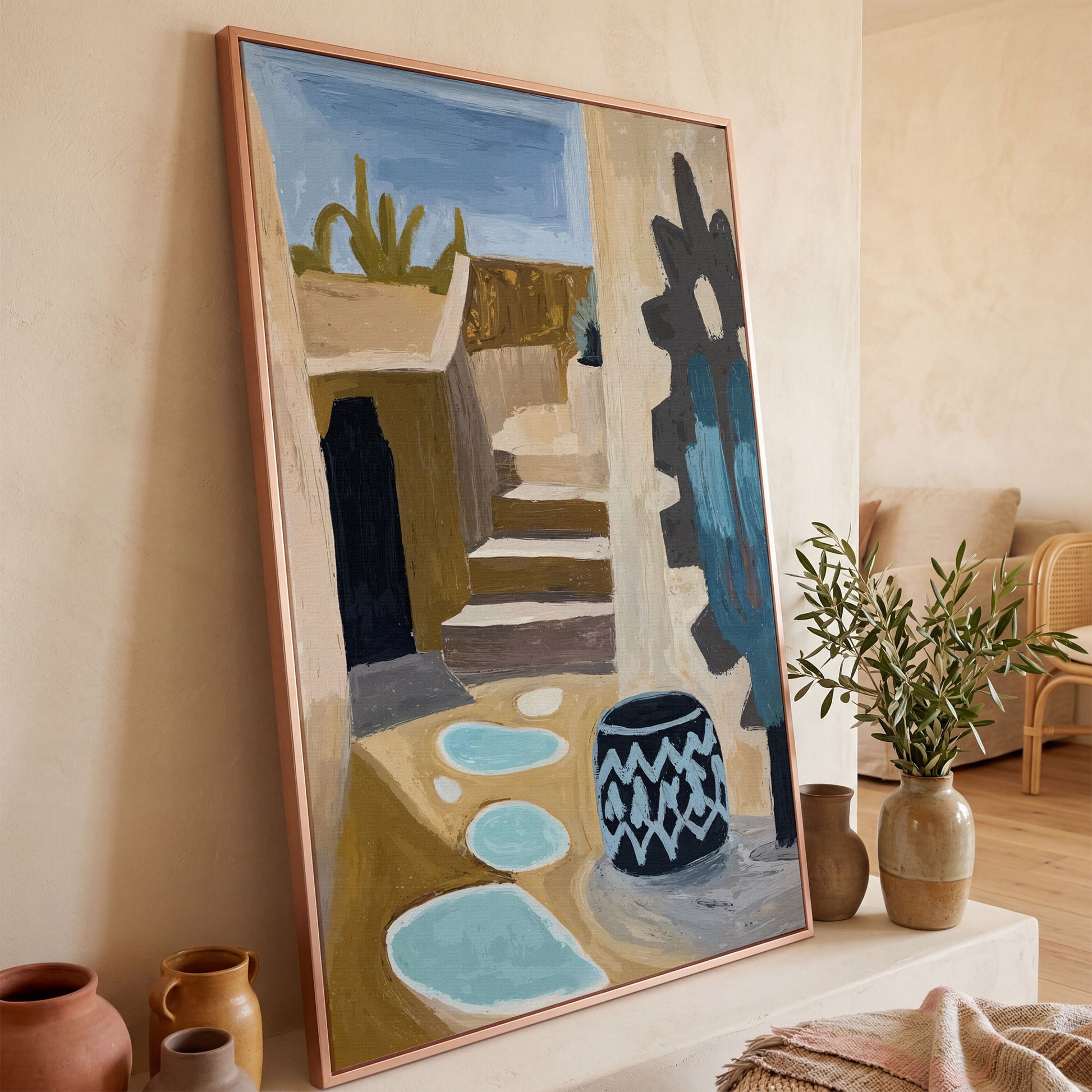 Adobe at Dusk: Southwest Desert Architecture Canvas Print in rose gold floating frame