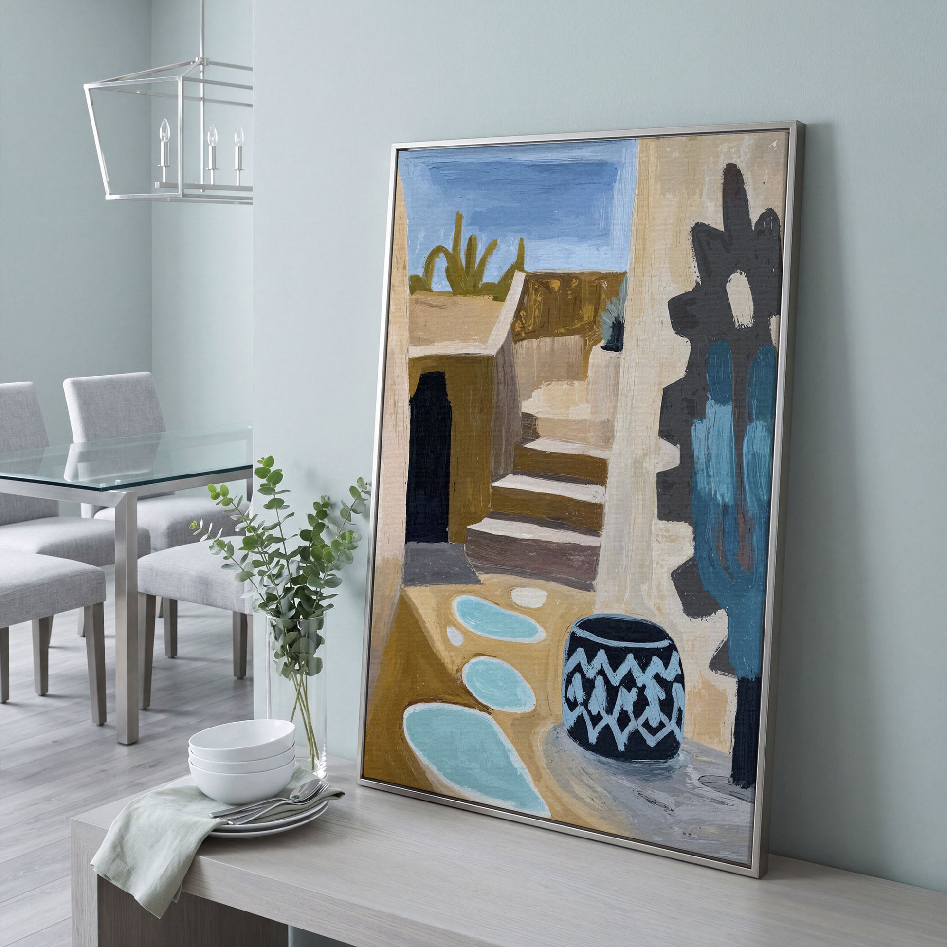 Adobe at Dusk: Southwest Desert Architecture Canvas Print in silver floating frame