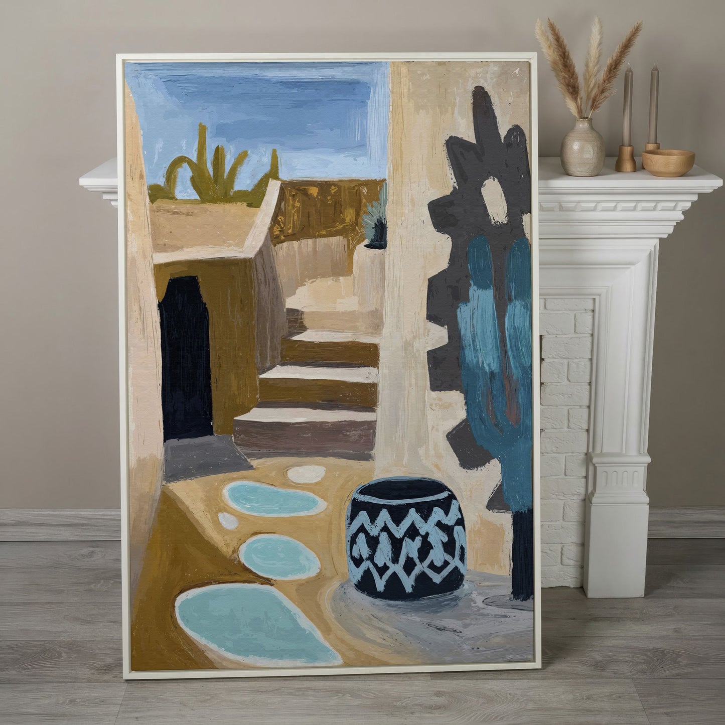 Adobe at Dusk: Southwest Desert Architecture Canvas Print in white floating frame