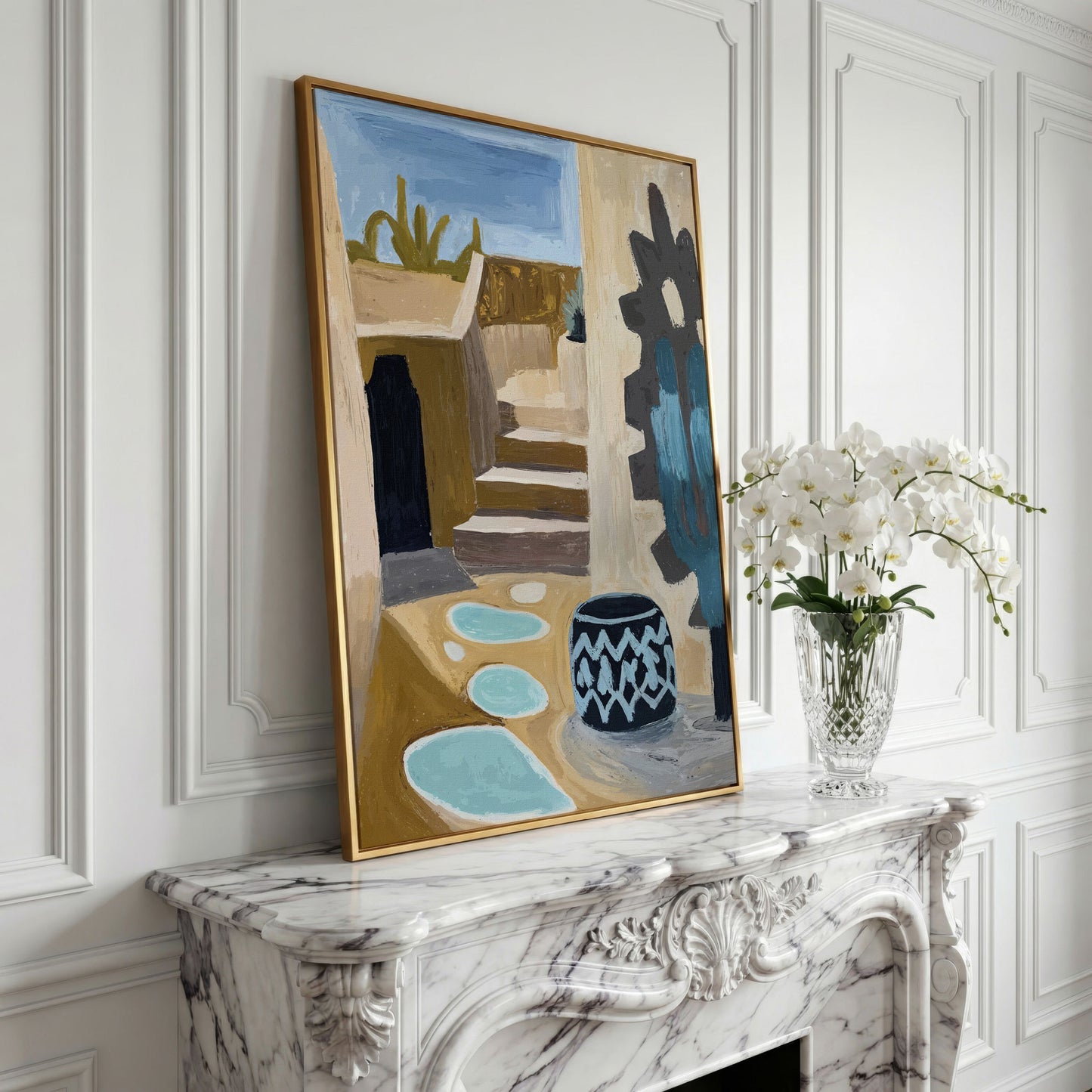 Adobe at Dusk: Southwest Desert Architecture Canvas Print in yellow gold floating frame