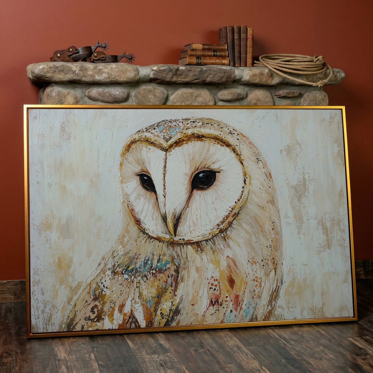 Barn Owl Close-Up Portrait Canvas Wall Art in antique gold floating frame