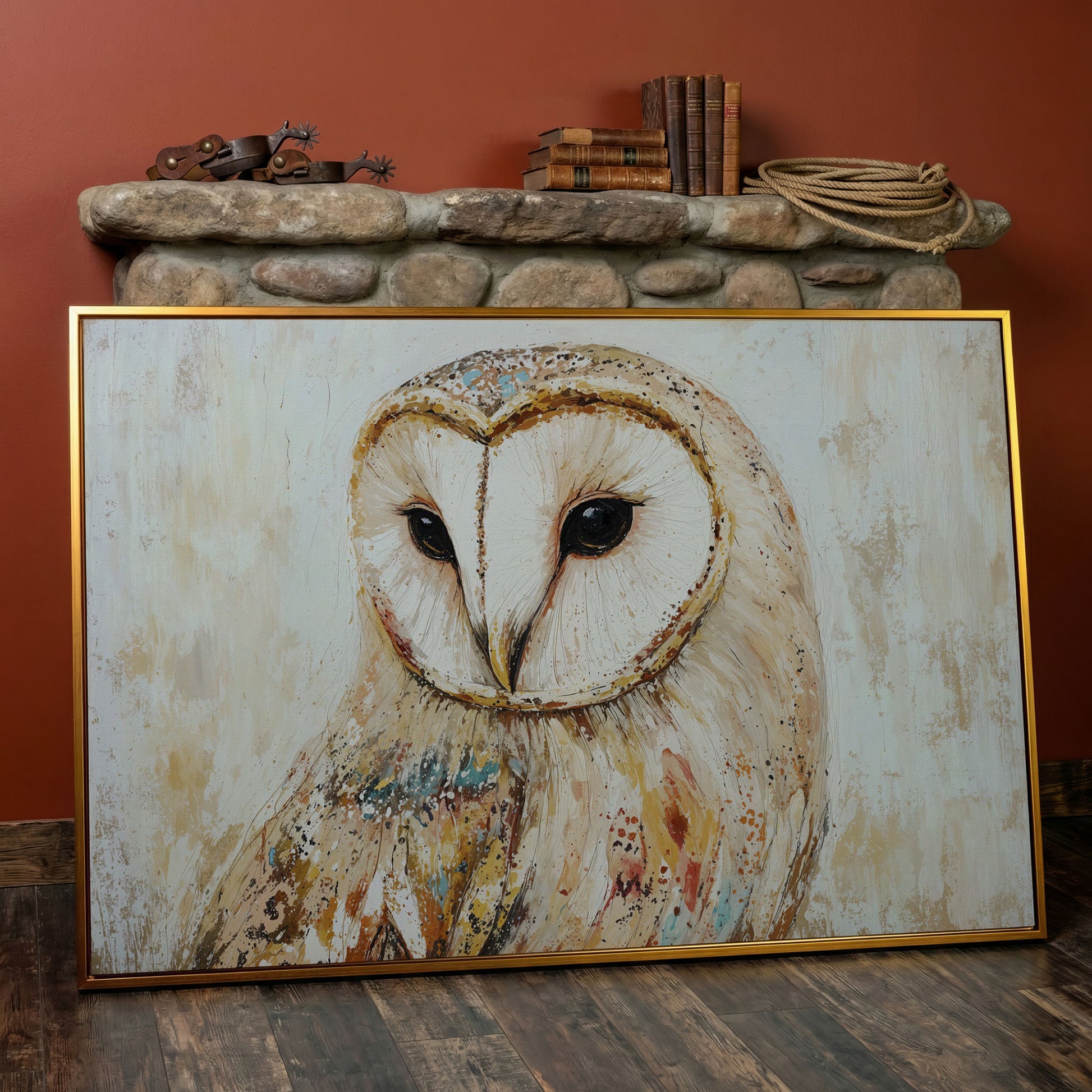 Barn Owl Close-Up Portrait Canvas Wall Art in antique gold floating frame
