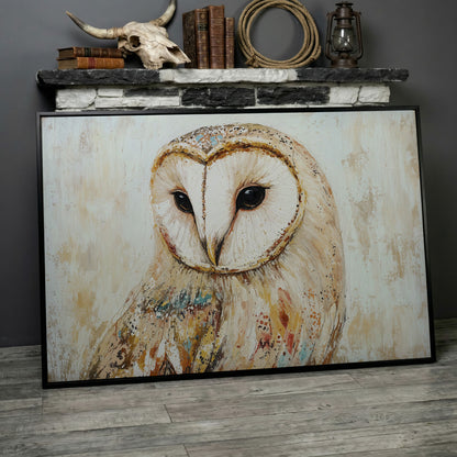 Barn Owl Close-Up Portrait Canvas Wall Art in black floating frame