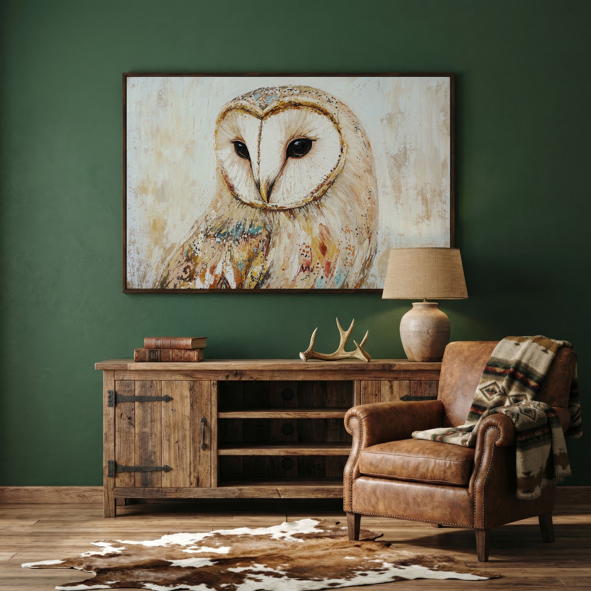 Barn Owl Close-Up Portrait Canvas Wall Art in dark walnut floating frame