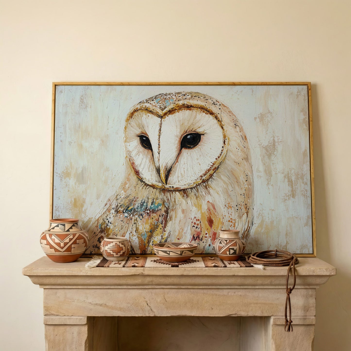 Barn Owl Close-Up Portrait Canvas Wall Art in white oak floating frame