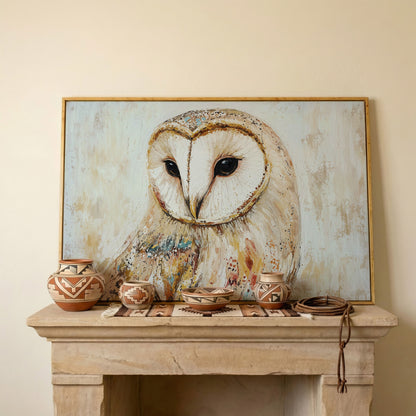 Barn Owl Close-Up Portrait Canvas Wall Art in white oak floating frame
