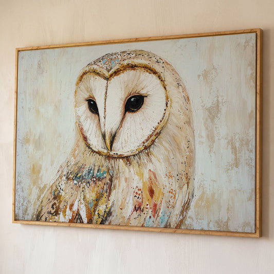 Barn Owl Close-Up Portrait Canvas Wall Art shown in white oak floating frame
