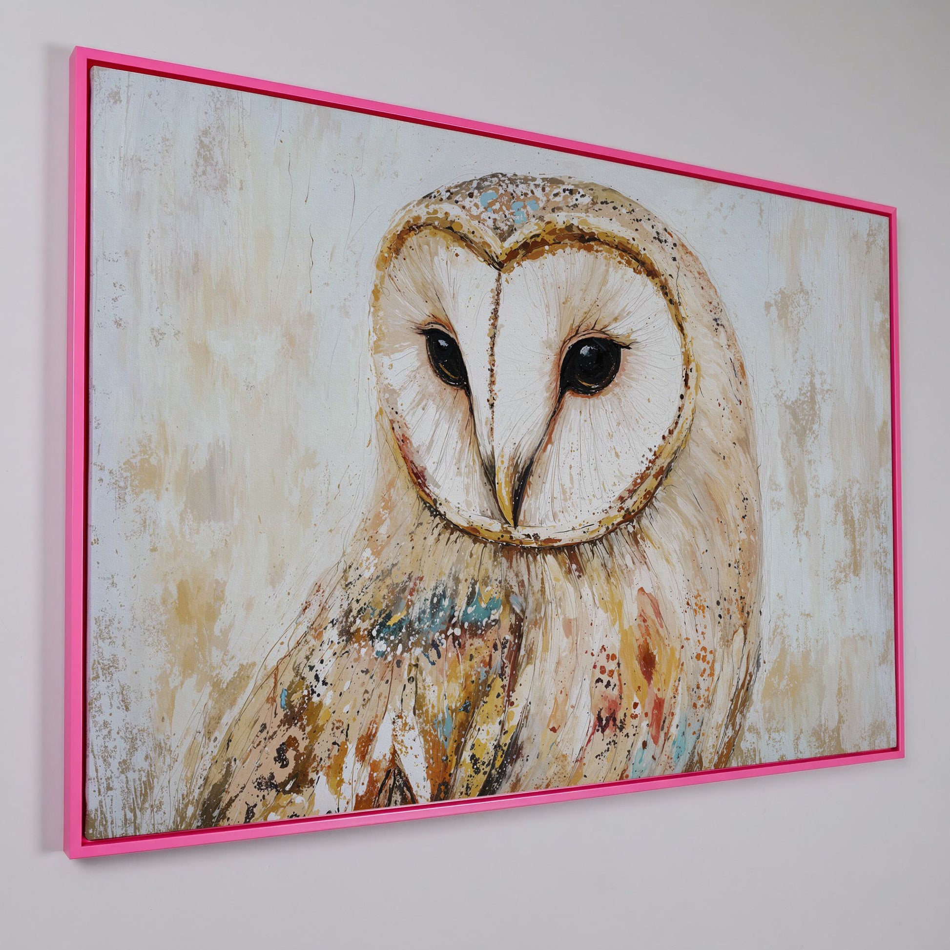 Barn Owl Close-Up Portrait Canvas Wall Art in pink floating frame