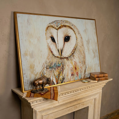 Barn Owl Close-Up Portrait Canvas Wall Art in rose gold floating frame