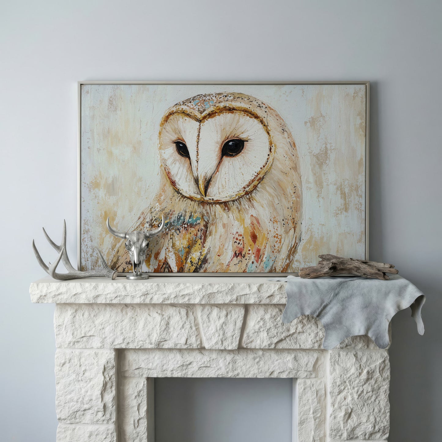 Barn Owl Close-Up Portrait Canvas Wall Art in silver floating frame