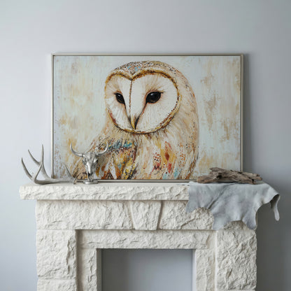 Barn Owl Close-Up Portrait Canvas Wall Art in silver floating frame