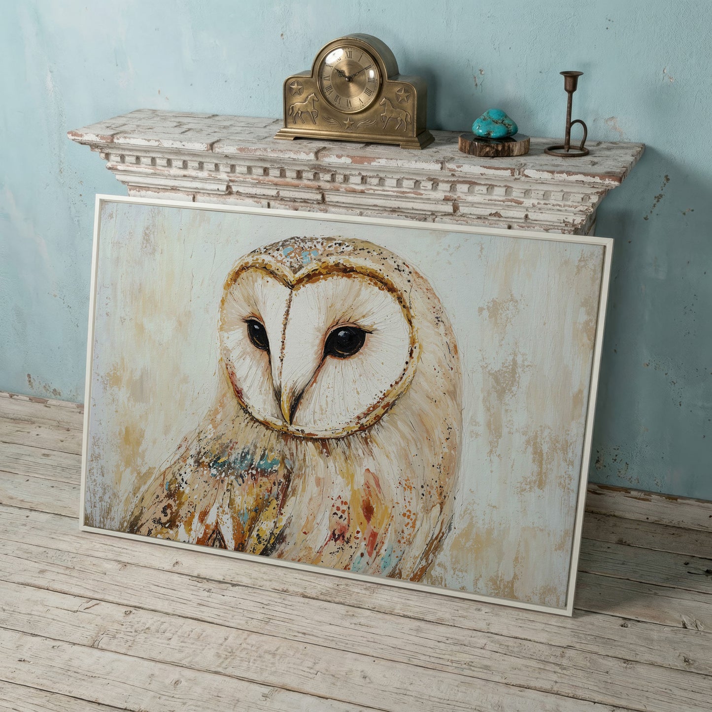 Barn Owl Close-Up Portrait Canvas Wall Art in white floating frame