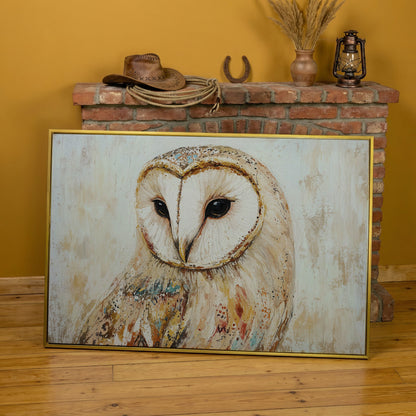 Barn Owl Close-Up Portrait Canvas Wall Art in yellow gold floating frame