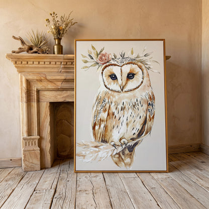 Barn Owl with Floral Crown Watercolor Canvas Art in antique gold floating frame