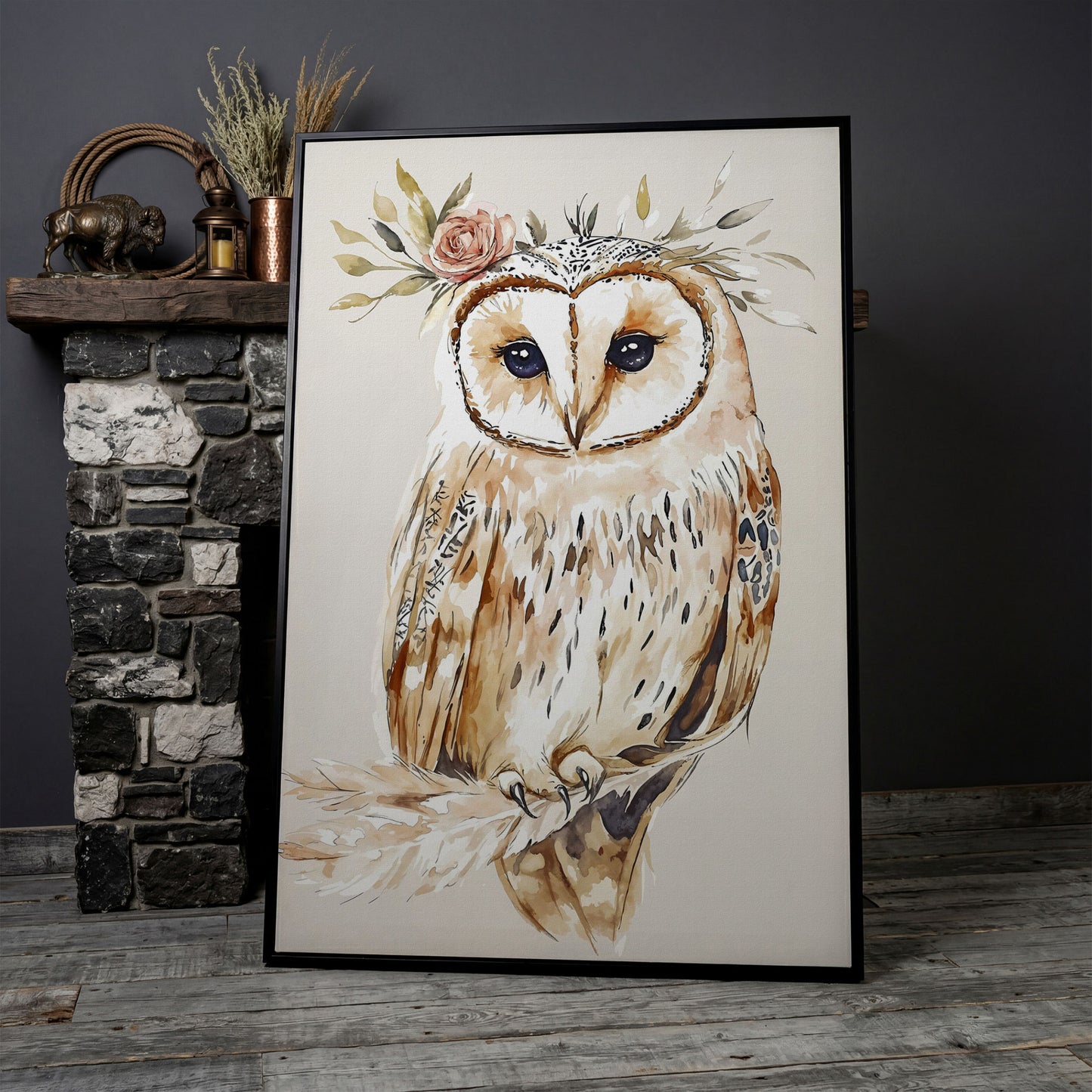 Barn Owl with Floral Crown Watercolor Canvas Art in black floating frame
