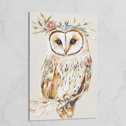 Barn Owl with Floral Crown Watercolor Canvas Art on gallery wrap