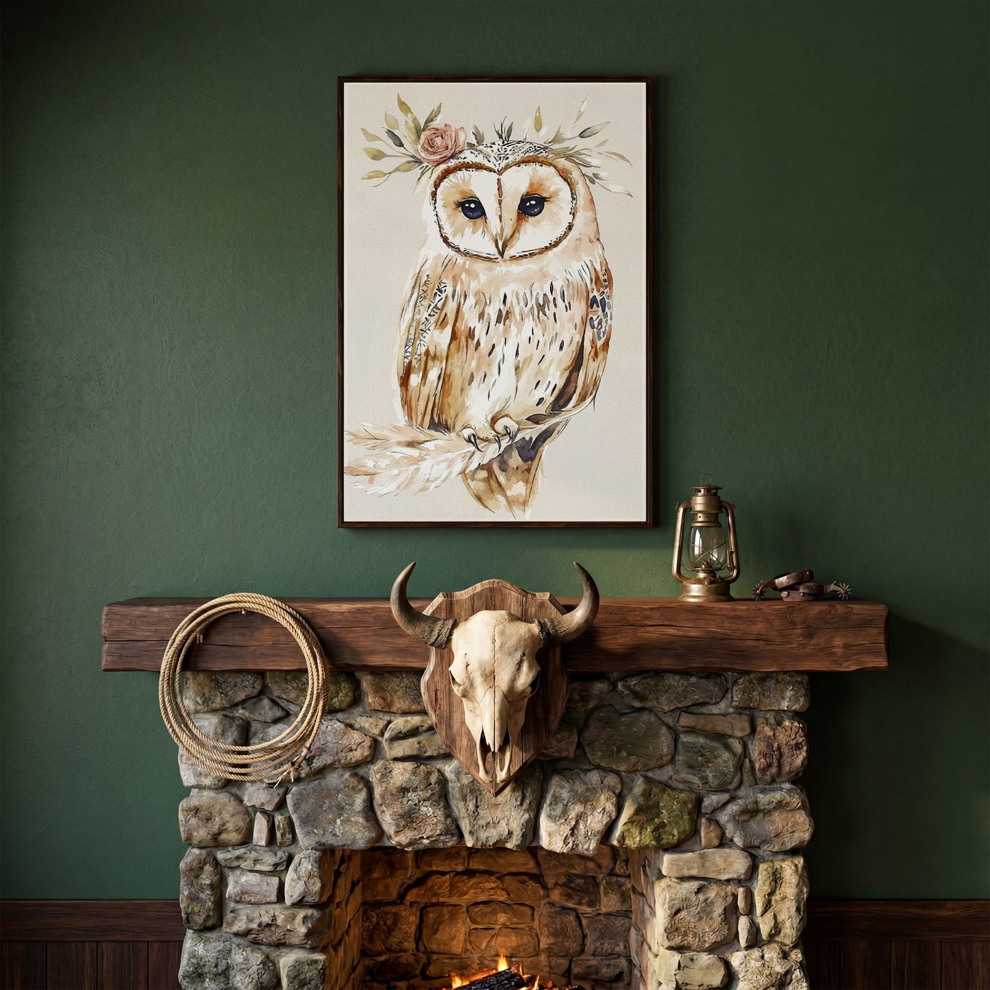 Barn Owl with Floral Crown Watercolor Canvas Art in dark walnut floating frame