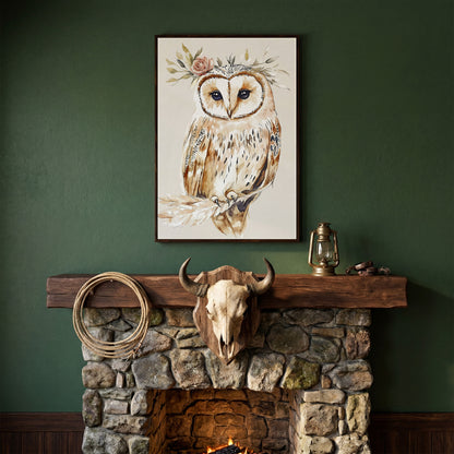 Barn Owl with Floral Crown Watercolor Canvas Art in dark walnut floating frame