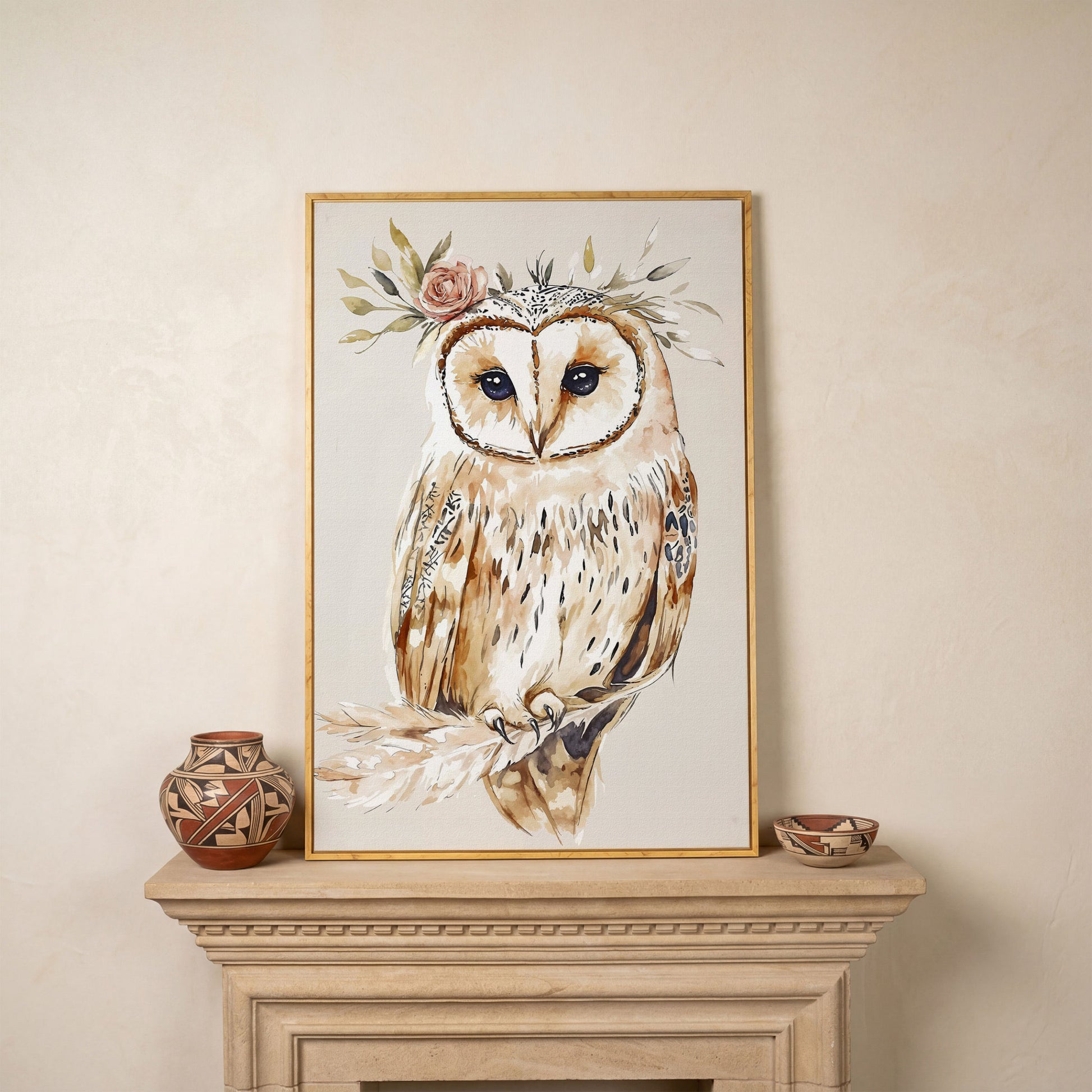 Barn Owl with Floral Crown Watercolor Canvas Art in white oak floating frame