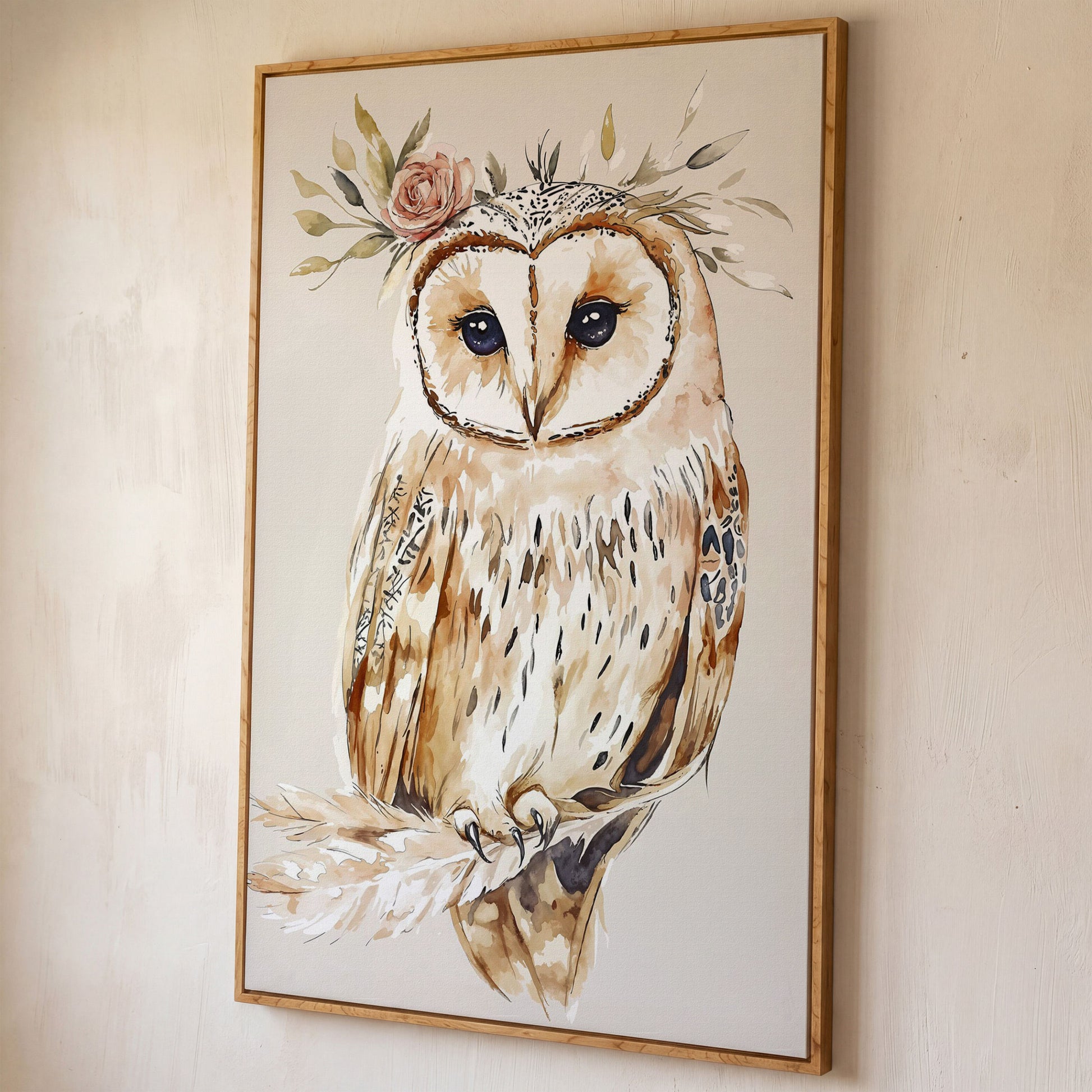 Barn Owl with Floral Crown Watercolor Canvas Art shown in white oak floating frame