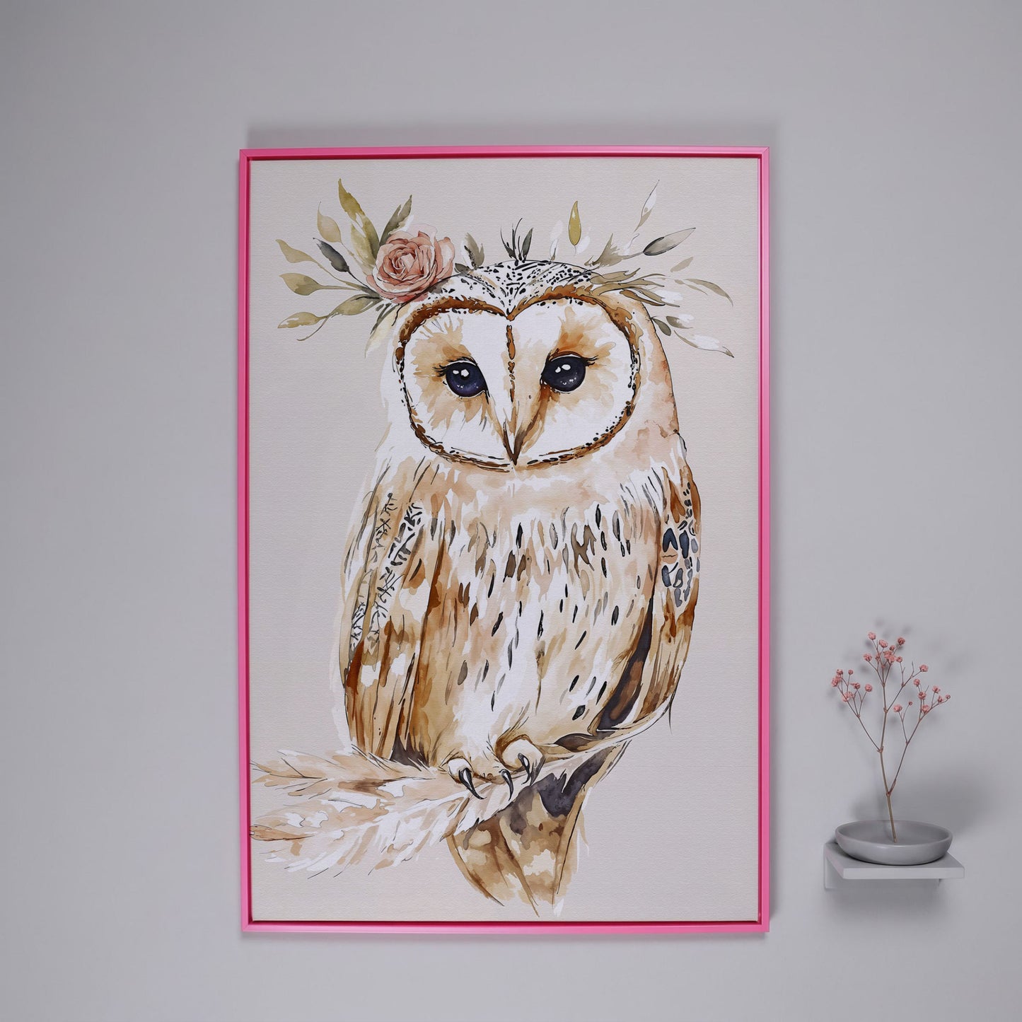 Barn Owl with Floral Crown Watercolor Canvas Art in pink floating frame