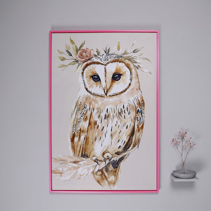 Barn Owl with Floral Crown Watercolor Canvas Art in pink floating frame