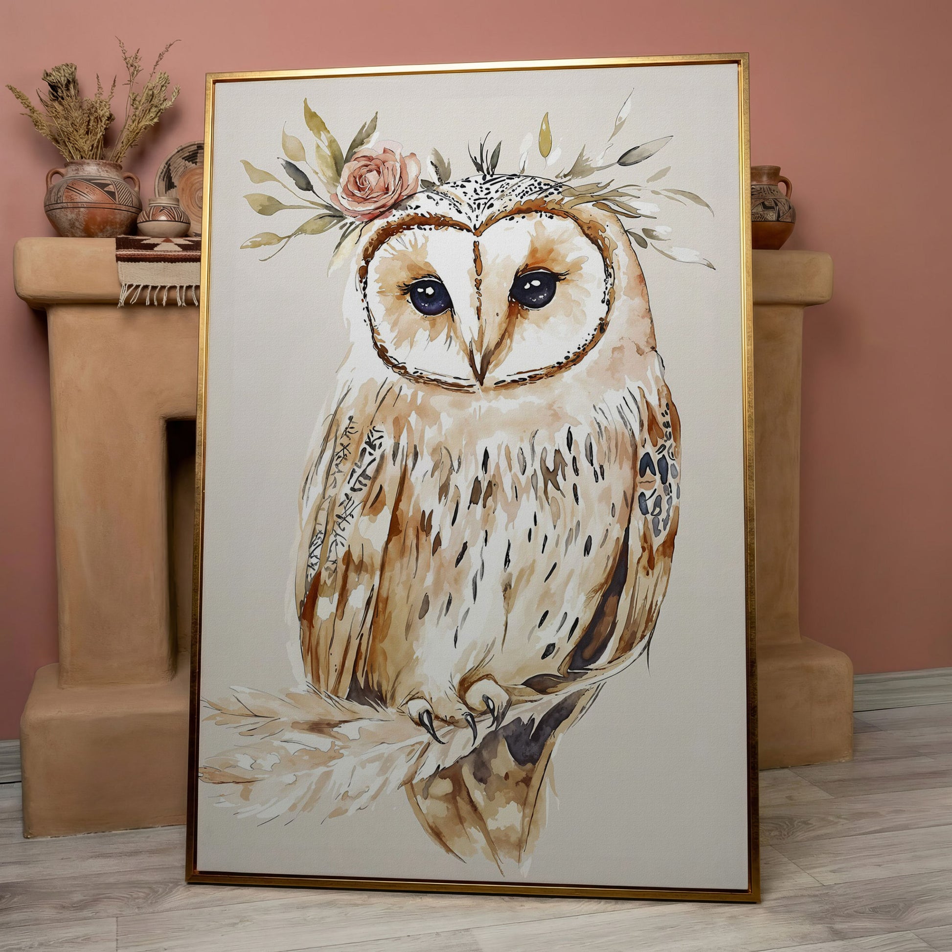 Barn Owl with Floral Crown Watercolor Canvas Art in rose gold floating frame