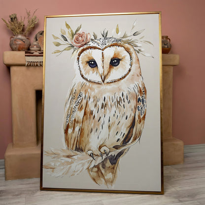 Barn Owl with Floral Crown Watercolor Canvas Art in rose gold floating frame