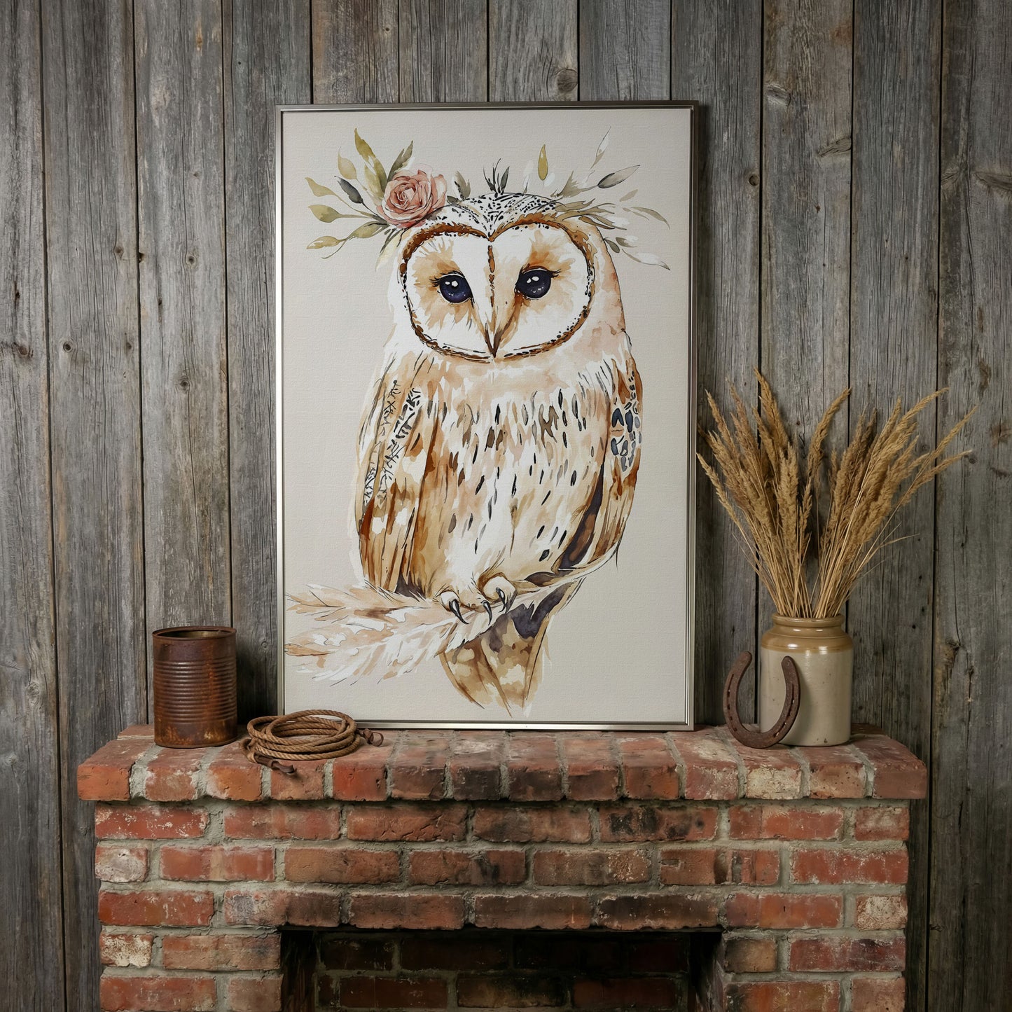 Barn Owl with Floral Crown Watercolor Canvas Art in silver floating frame