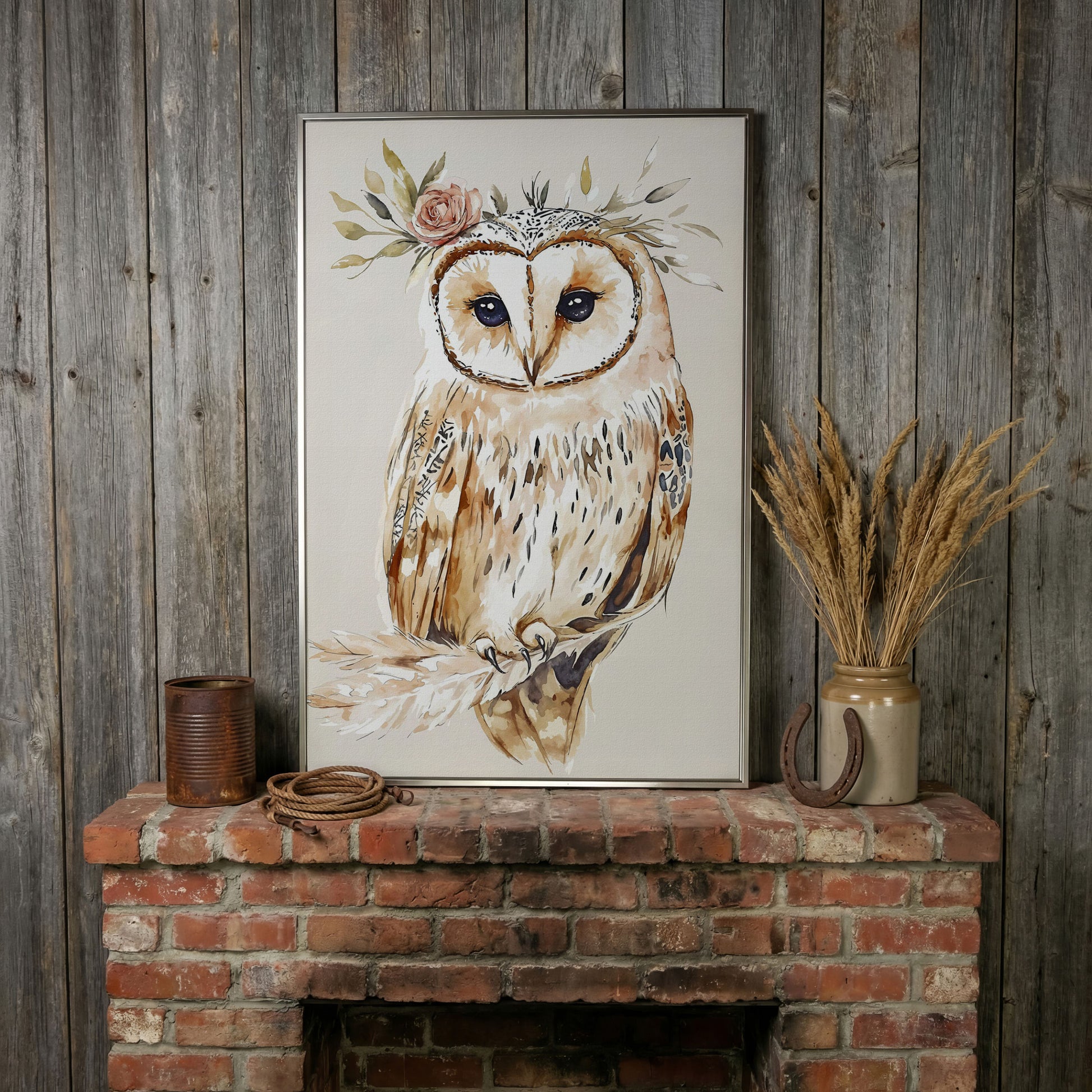 Barn Owl with Floral Crown Watercolor Canvas Art in silver floating frame