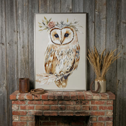 Barn Owl with Floral Crown Watercolor Canvas Art in silver floating frame