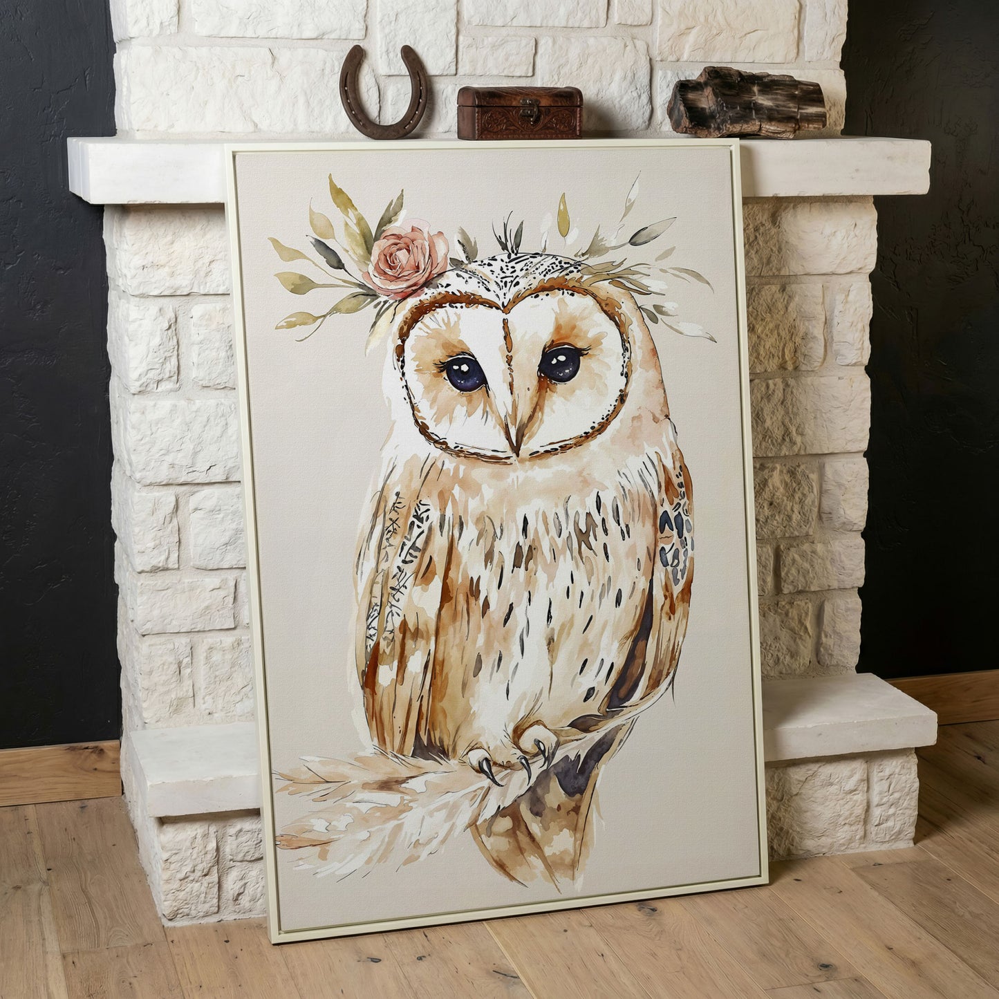 Barn Owl with Floral Crown Watercolor Canvas Art in white floating frame